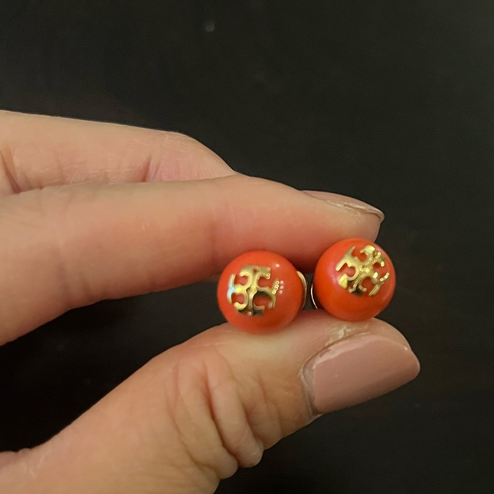 Tory Burch Logo Stud Orange Pearl Earrings